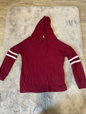 Charlotte Russe Maroon Hooded Sweatshirt with White Sleeve Stripes